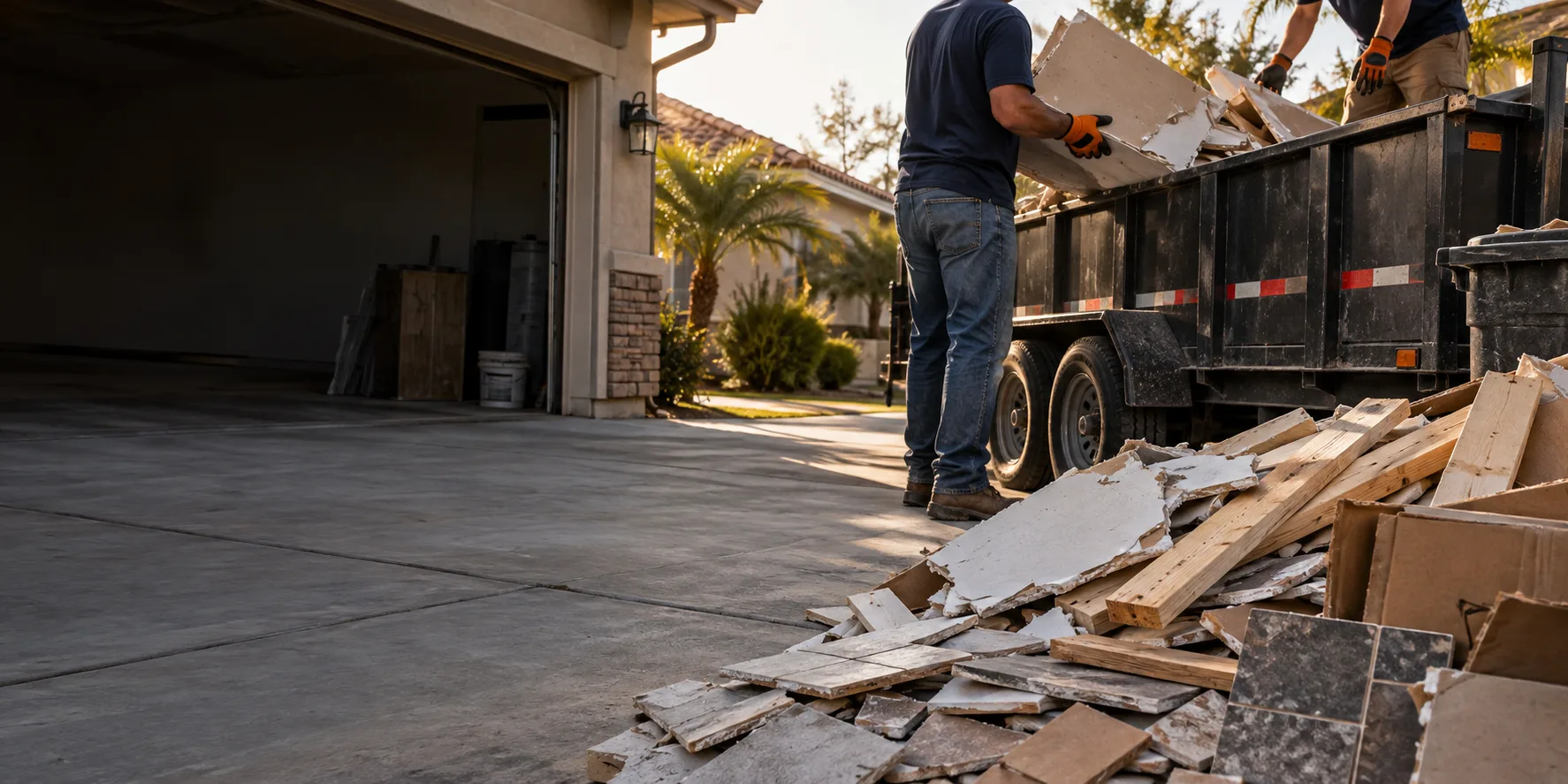 Construction debris staged beside a hauling trailer