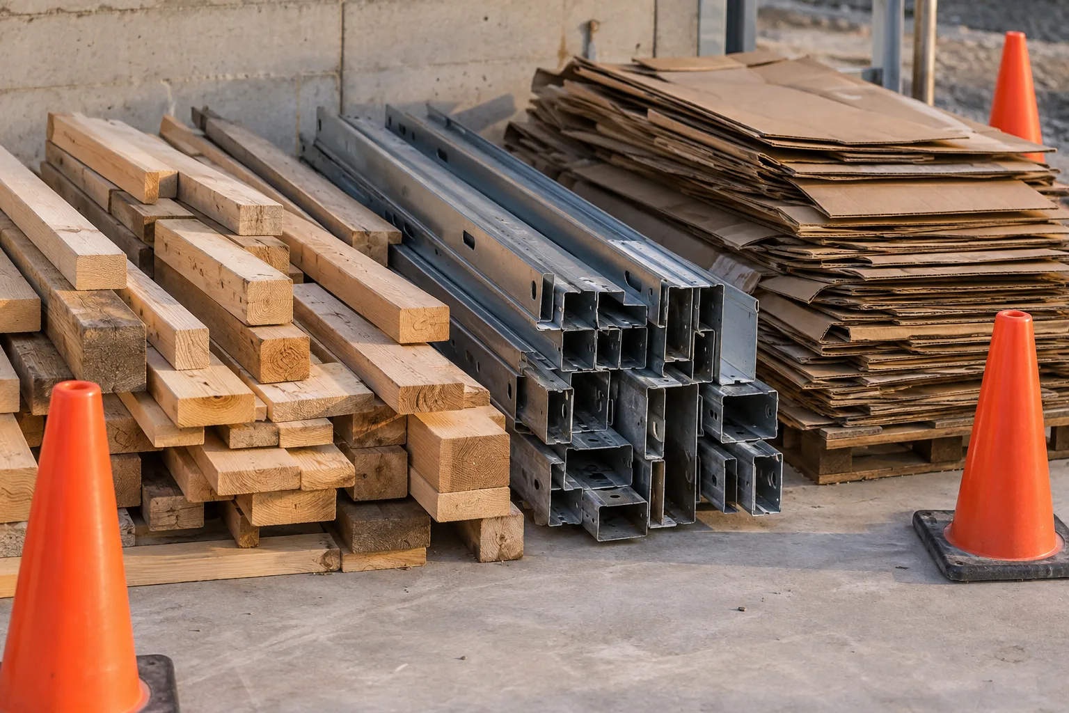 Construction debris staged beside a hauling trailer